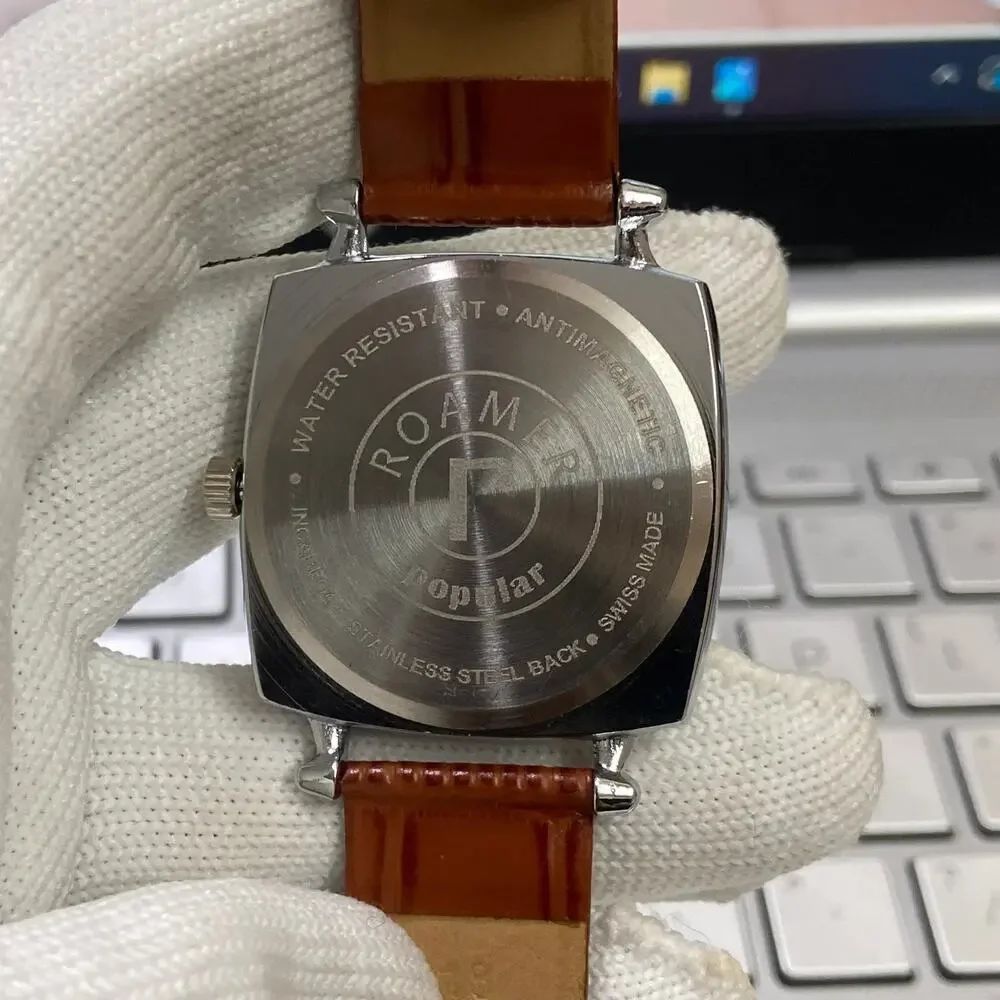 Vintage 1977 Roamer Manual Mens Silver Watch W/Leather Strap & White accents